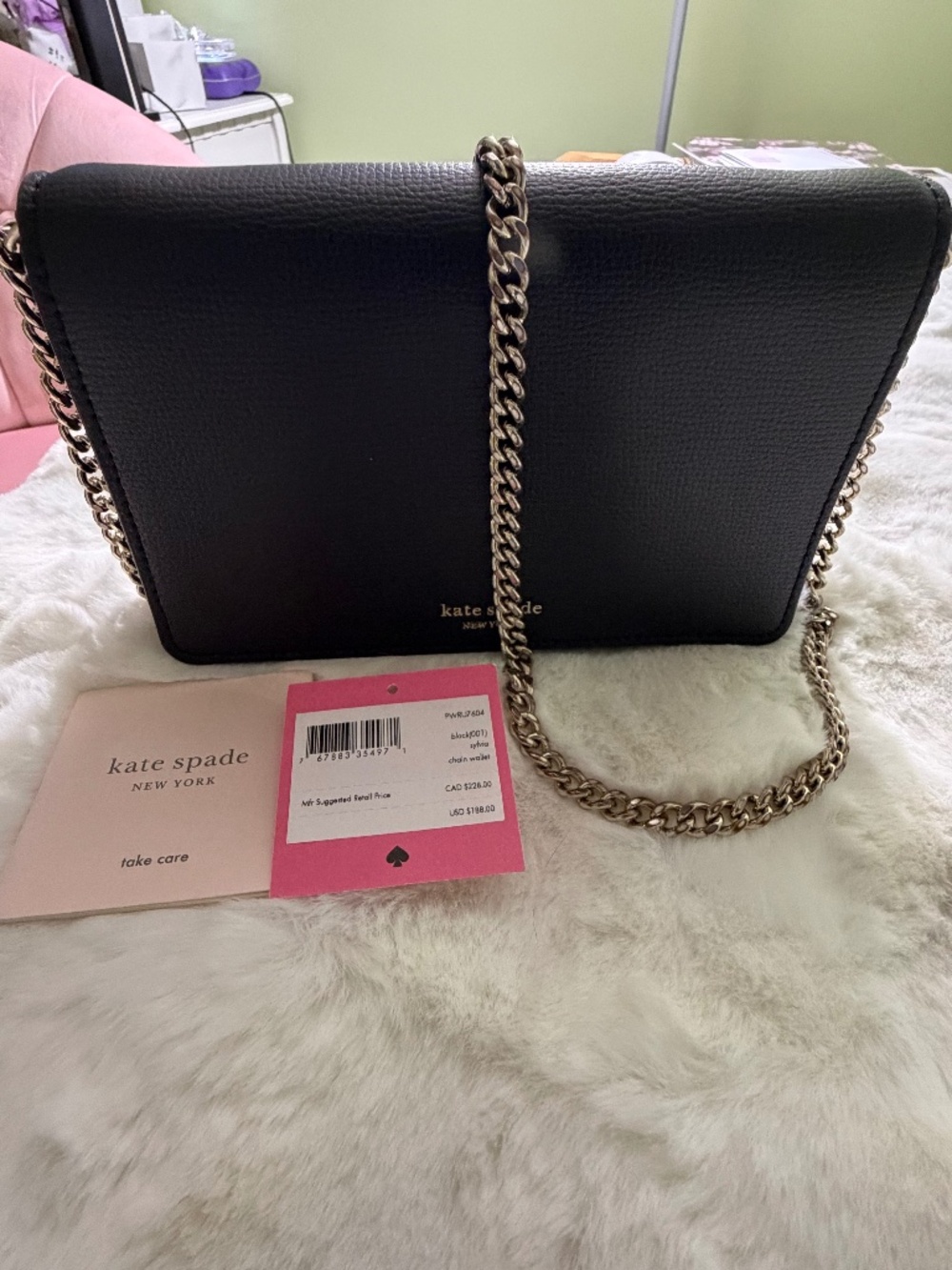 Kate Spade Sylvia Leather Chain Wallet Convertible Clutch Black Gold PWRU7604